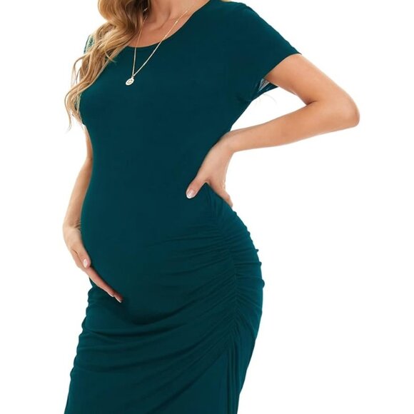 Smallshow - Ruched Maternity Maxi Dress - Teal - Picture 1 of 6